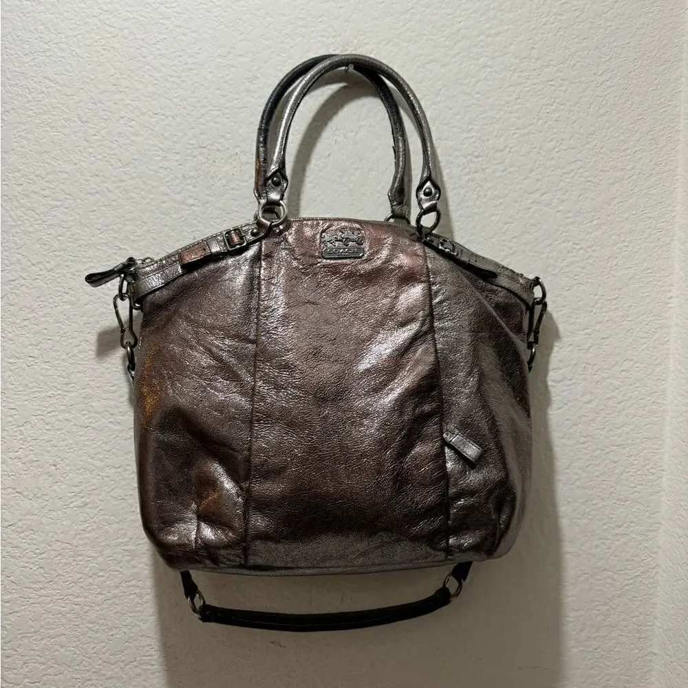 Coach 18815 Madison Pewter Metallic Leather  Hobo Bag  zipper closure - Picture 11 of 12